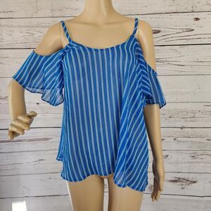 I Heart Ronson Striped Cold-Shoulder Flutter Blouse Blue - Medium NWT